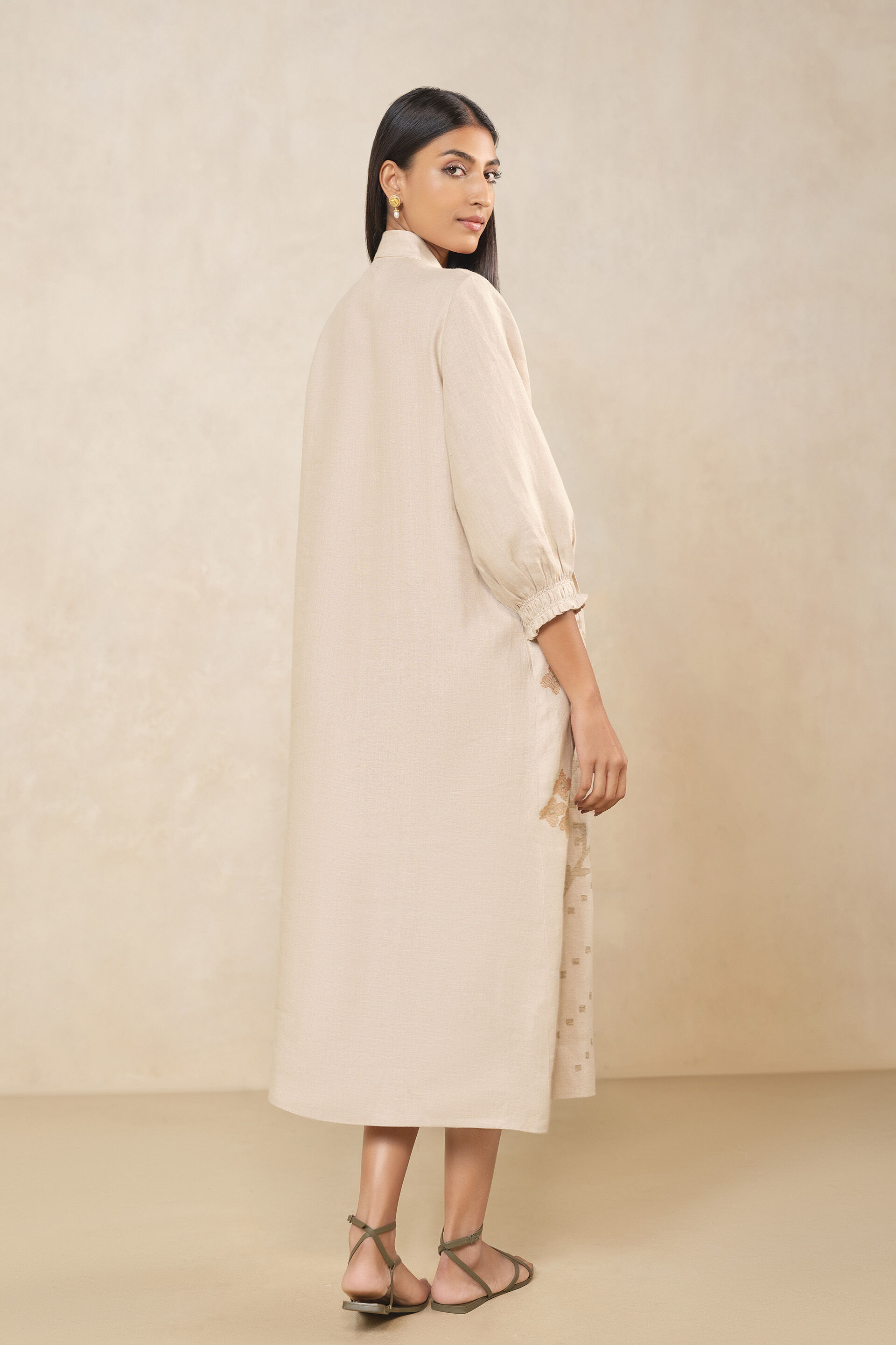 Haiku Embroidered Hemp Dress - Beige